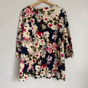 Chicos Floral Tunic Top Womens 3 XL Navy Pink 3/4 Sleeve Pockets Brushed Knit